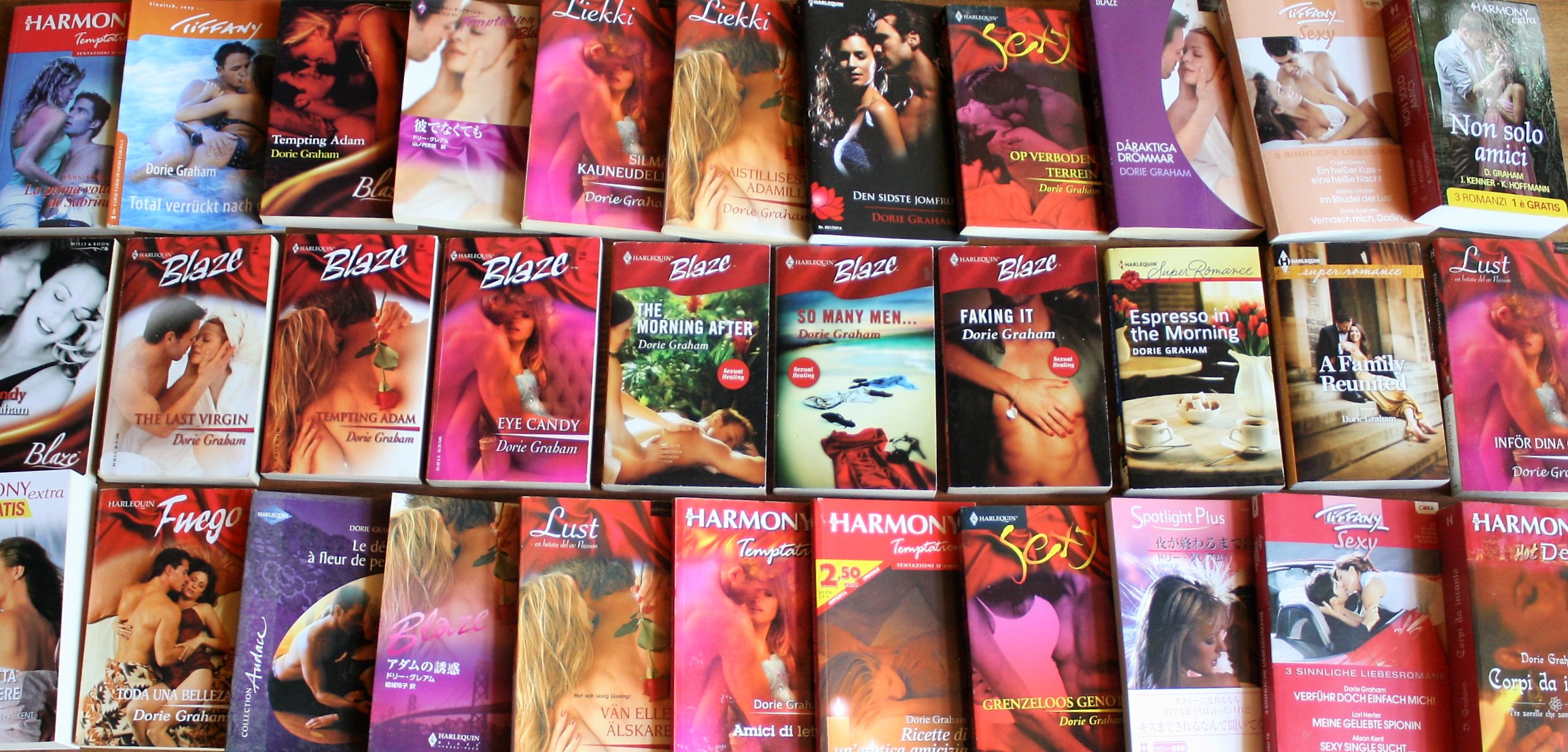 Dorie Graham books spread with North American and international copies