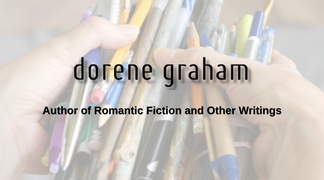 Dorene Graham Author of Romantic Fiction and Other Writings home page banner - background of two hands holding pens, pencils and paintbrushes