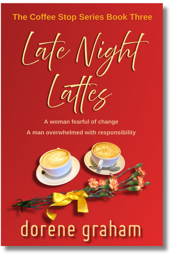 Late Night Lattes cover - two lattes with carnation bouquet