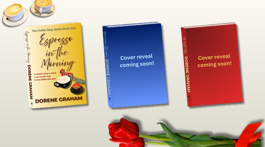 The Coffee Stop featured image 1 shows mockups of all three books, with only the cover of Espresso in the Morning an cover reveal coming soon on the other two