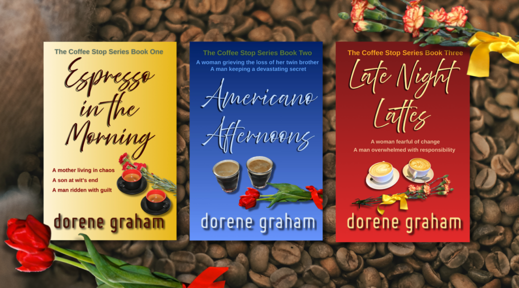 Covers for Espresso in the Morning, Americano Afternoons and Late Night Lattes with coffee beans in the background and flowers
